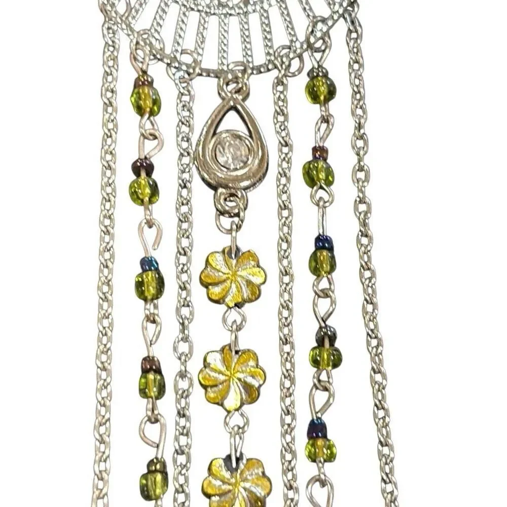 Silver Tone Half Moon Filigree Yellow Beaded Long Earrings Chain Fringe Boho NWT